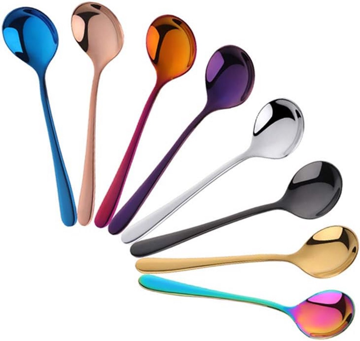 Set van 8 Kleurrijke RVS Theelepels, Koffielepels en Espresso Lepels