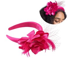 Mooie Handgemaakte Bloem Fascinator met Veren Gaas -diadeem/tiara/sluier bloem haarband | Smart Casual| Gala |TeaParty| Prinsjesdag| Cocktail Kleur Roze