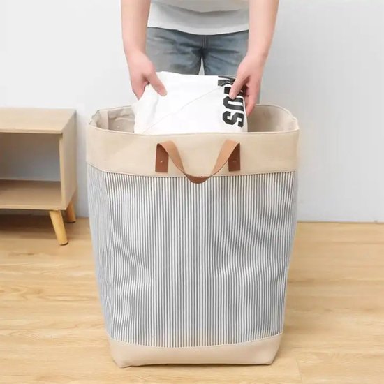 Webzon – Panier à linge – Paniers à linge – Panier à linge pliable – Panier à linge pliable – 30×35×55 cm – Design anglais – Tissu jute avec poignées en cuir – Panier de rangement – Pliable et gain de place – Gris crème