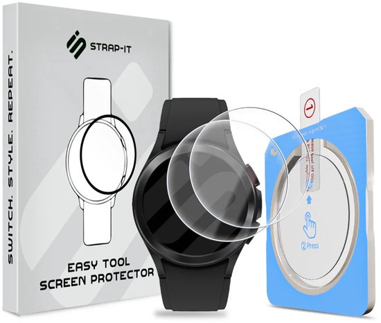 Verpakking van Strap-it, smartwatch, screenprotector en installatietool.