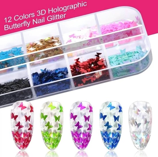 Nageldecoratie met 12 kleuren holografische 3D-vlinderglitters in een doosje, en voorbeelden op nagels.