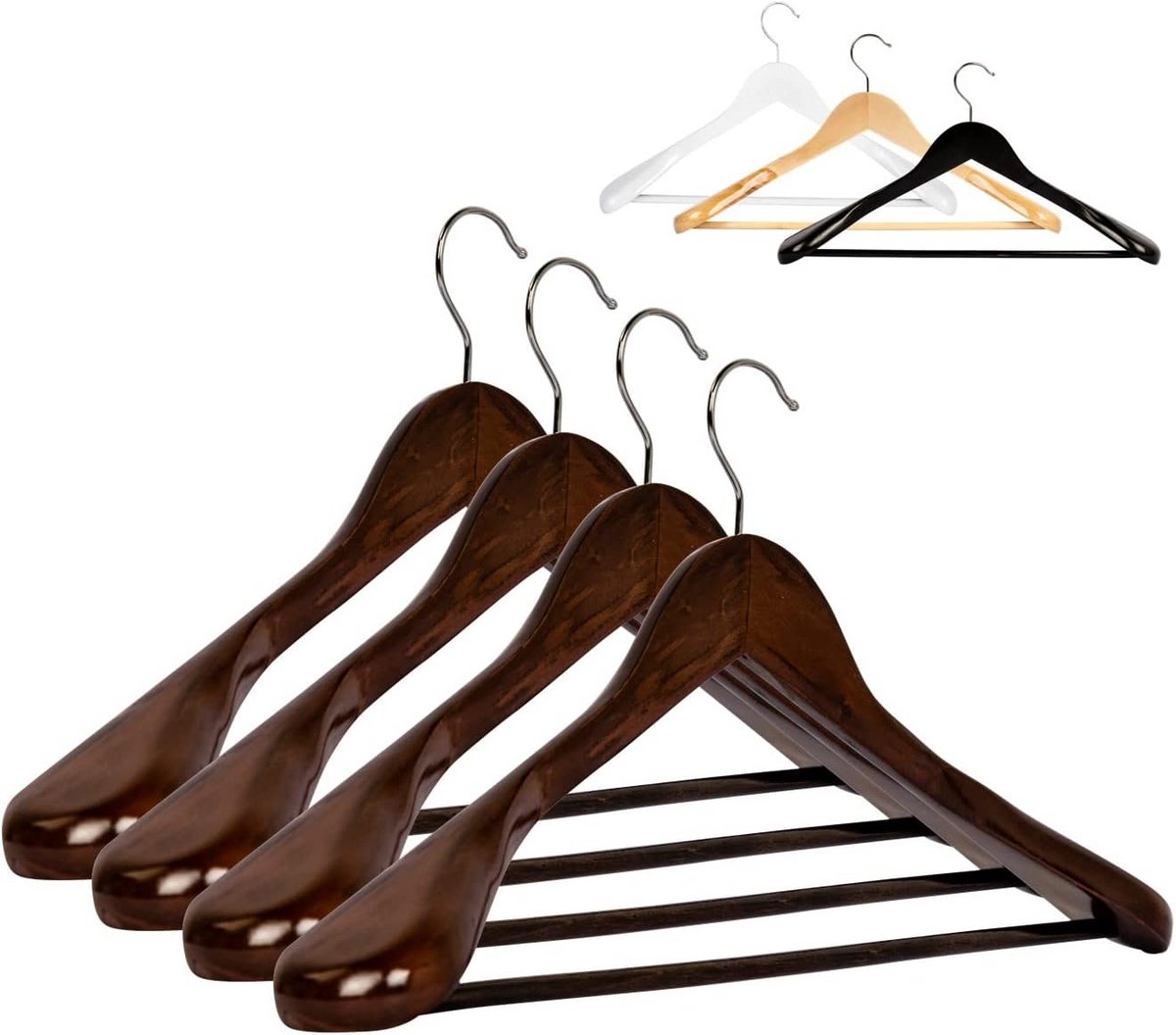 5x Houten Kledinghangers met Antislip en Broekstang - Extra Brede Schouders