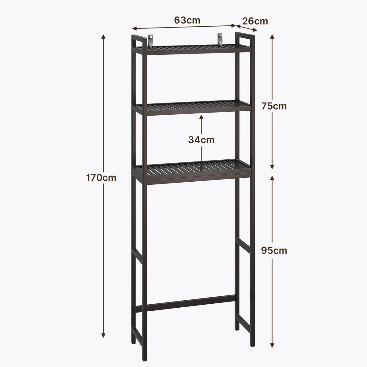 Xbro Wasmachine Rek – Wasmachinekast met 3 Planken – Voor Wasmachine & Toilet – Bamboe – 63 × 26 x 170 cm – Donkergrijs — afbeelding 2