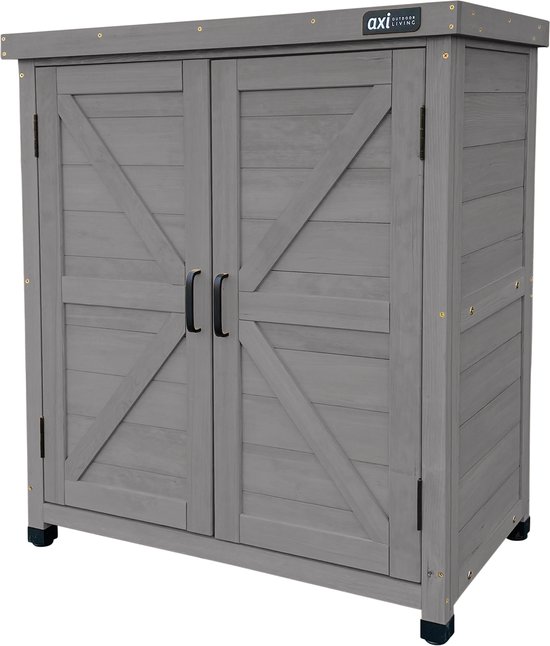 Grijze houten opbergkast met dubbele deuren met X-patroon, metalen handvatten en een glazen dak.