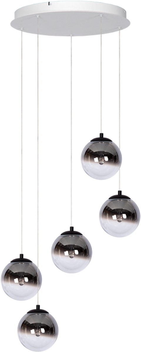 Atmooz Monza 5 hanglamp rond – witte plafondplaat – 5 smoky grijze glasbollen – geïntegreerde LED 2700K – dimbare design hanglamp – moderne hanglampen woonkamer – luxe glasdesign met decoratieve druppel – wit en smoky grey