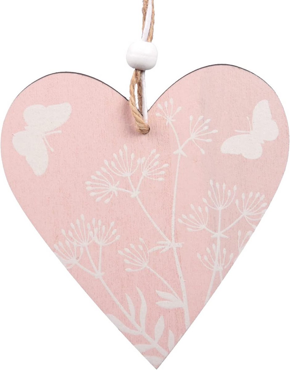 Houten hart hanger roze wit 13 cm - Romantische decoratie voor Valentijnsdag, Moederdag en bruiloft