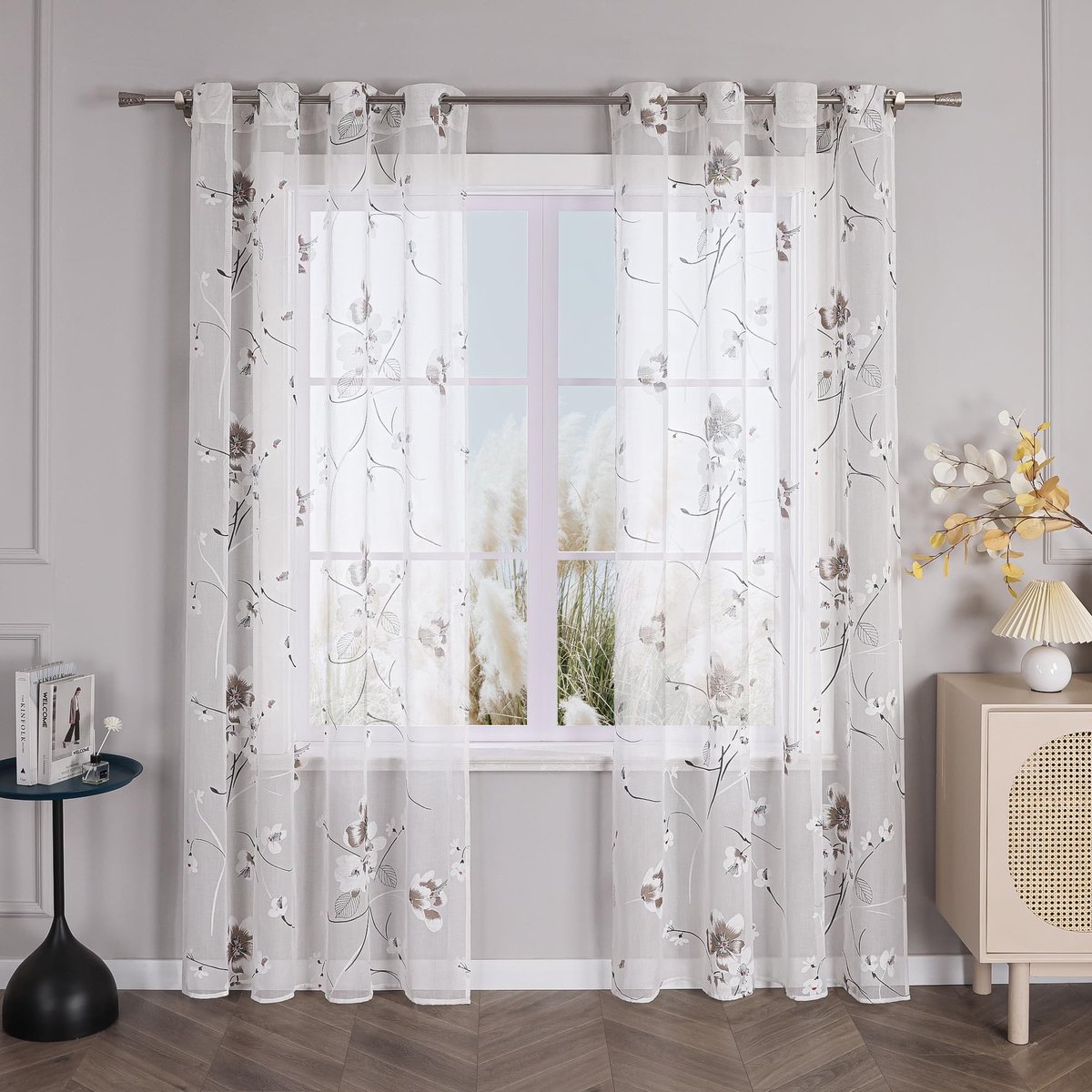 Unyqoos Lange transparante gordijn met kersenbloesem motief voor elke kamer 140 x 225 cm wit