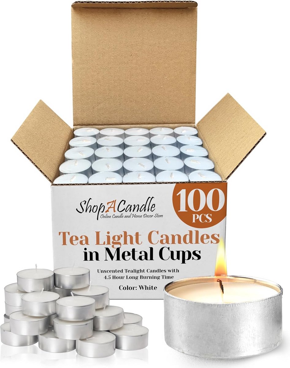 Set van 100 Witte Theelichtkaarsen – Ongeparfumeerd & Lang Brandend (4,5 Uur) in Metalen Cups
