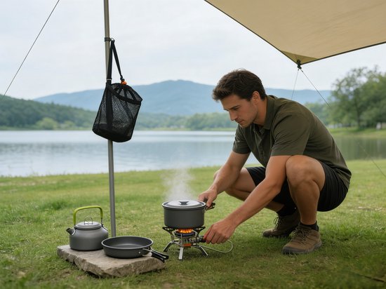 Camping Kookset - 9-delig - Pannenset campingkooksets - Camping servies - RVS aluminium - Caravan & Camper accessoires - Camping pan - voor buiten, picknicken, kamperen en wandelvakanties van Merkloos — afbeelding 2