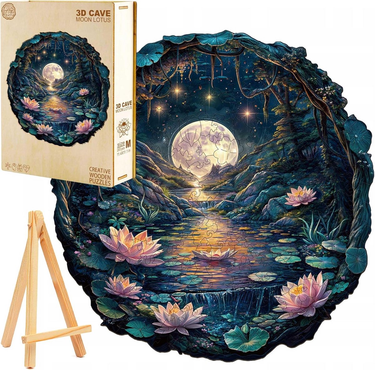 Houten 3D Puzzel 300 Stukjes Lotusbloemen 's Nachts met Houten Ezel