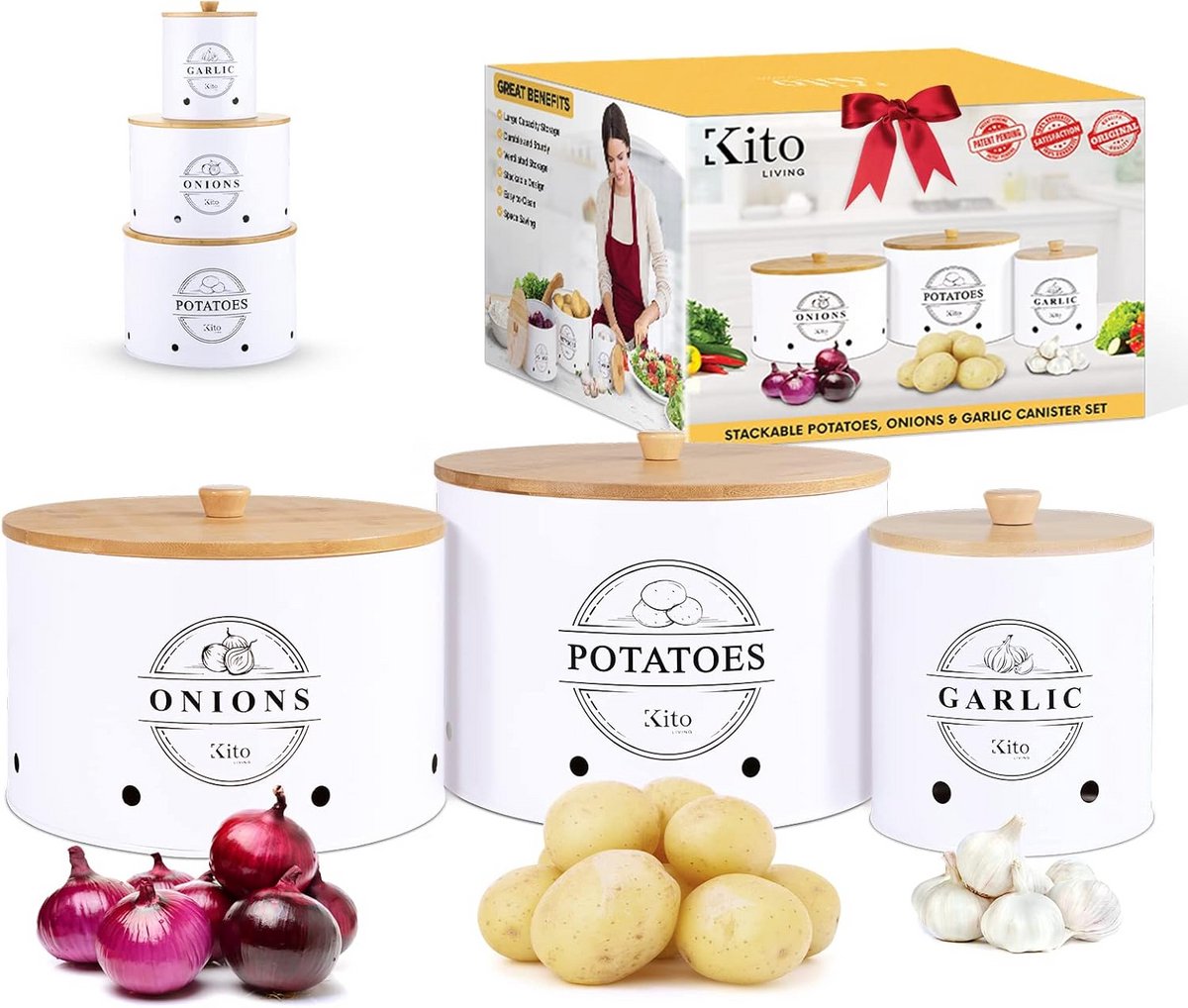 Aardappel, Uien en Knoflook Bewaarbak Set - 3 Stuks Keuken Opbergpotten met Bamboe Deksel