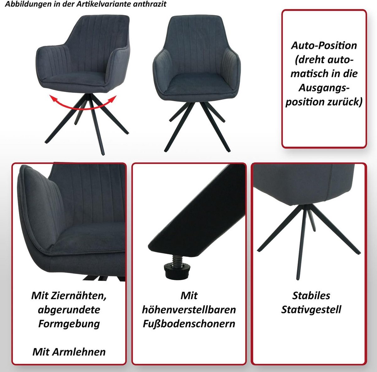 Set van 2 Draaibare Eetkamerstoelen met Armleuningen in Lichtgrijs Textiel