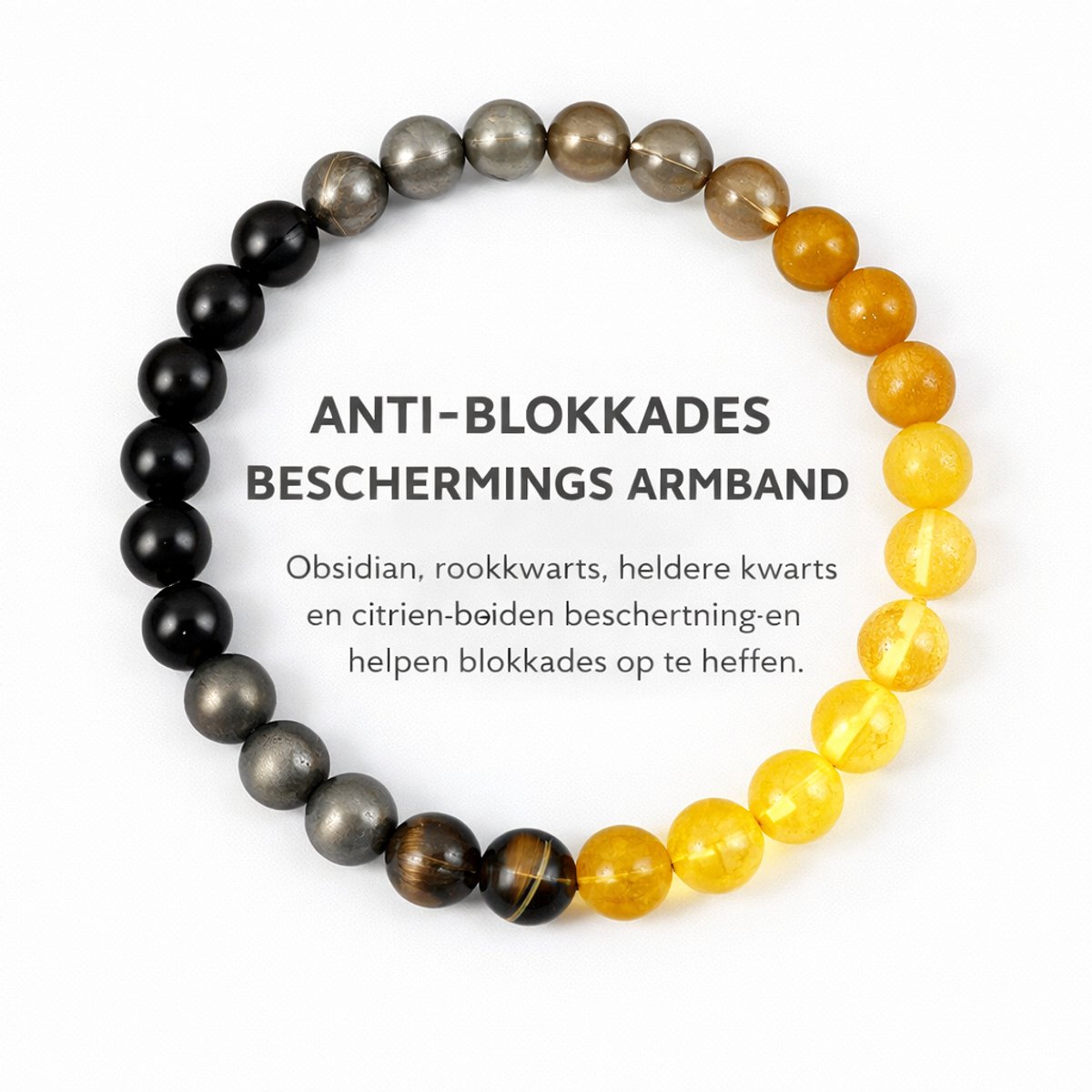 S4H - Anti-Blokkades Beschermings Armband – Obsidiaan, Rookkwarts, Heldere Kwarts & Citrien 8mm kralen - 18 cm