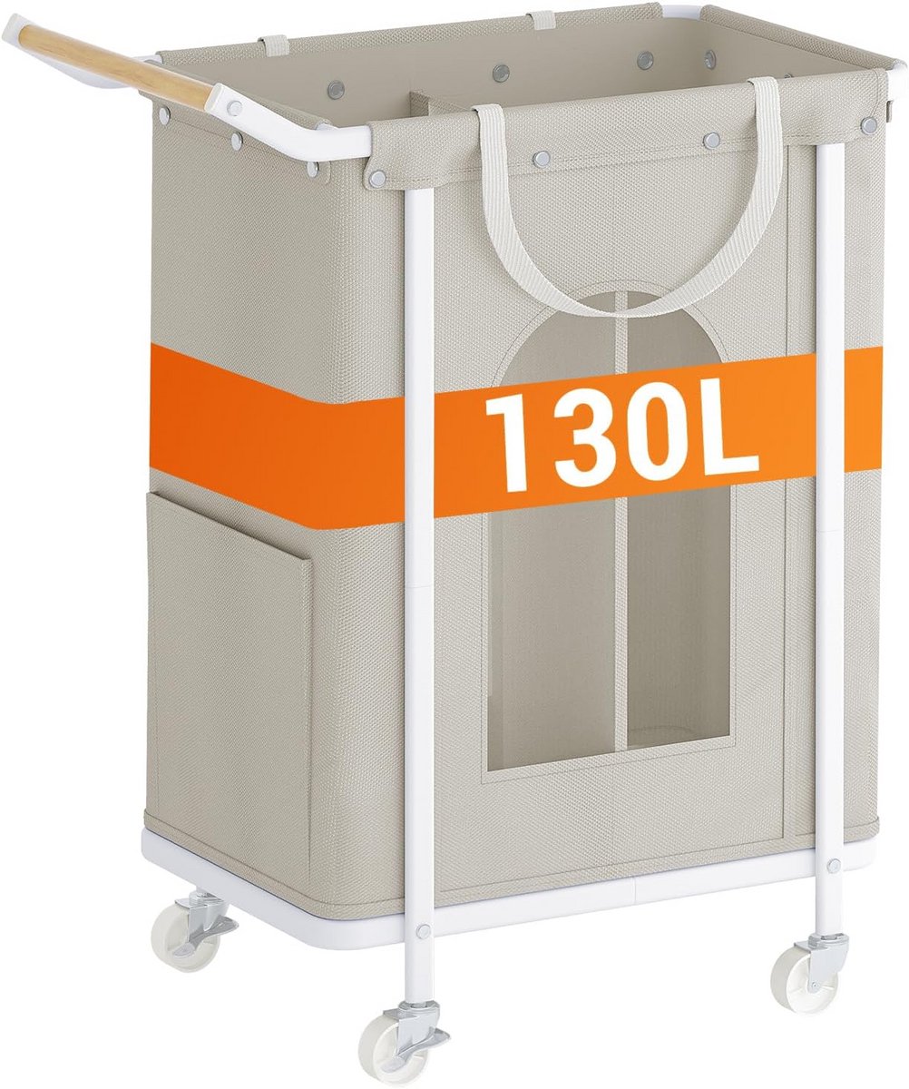 Wasmand met 2 Vakken en Wieltjes - Kleding Sorteerwagen Inclusief Afneembare Zak