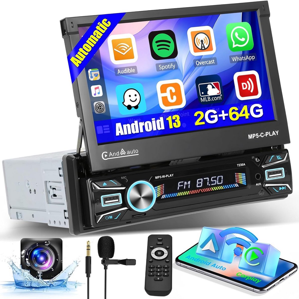 1 Din Autoradio met Intrekbaar 7 Inch Scherm - Android 13, Draadloze Carplay & Android Auto, GPS Navigatie, Bluetooth en WiFi