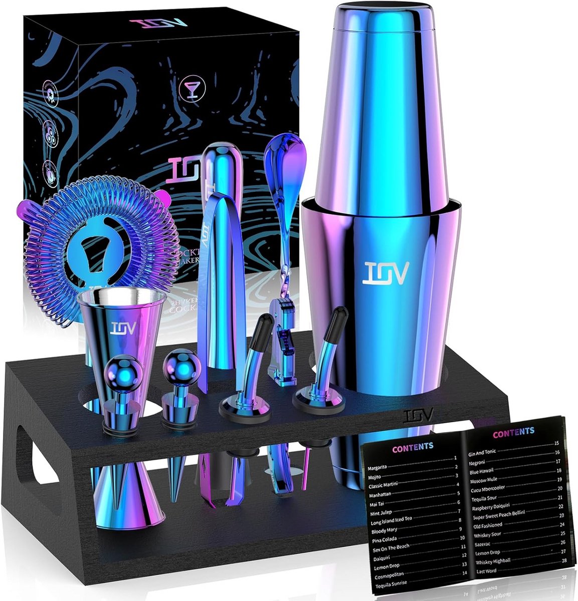 Professionele Cocktail Shaker Set - 12-Delige Mixology Barset met Receptenboekje en Standaard