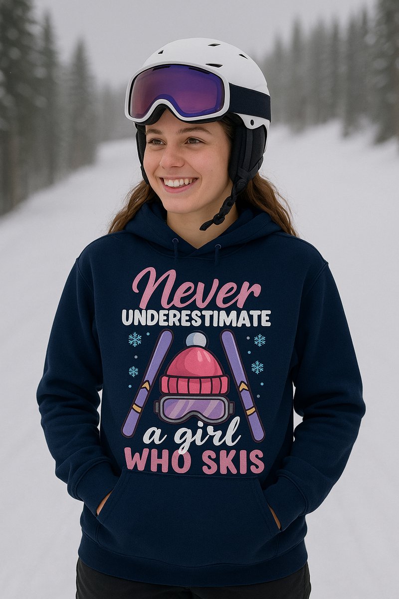 Dames Ski Hoodie – Never Underestimate a Girl Who Skis – Warme Wintersweater met Capuchon – Navy - Maat XL
