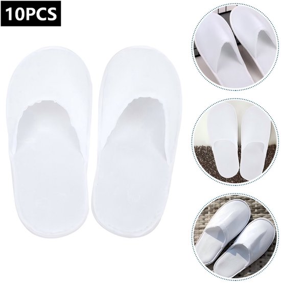 10 paar witte, niet-geweven badslippers, met detailopnames van de slippers.