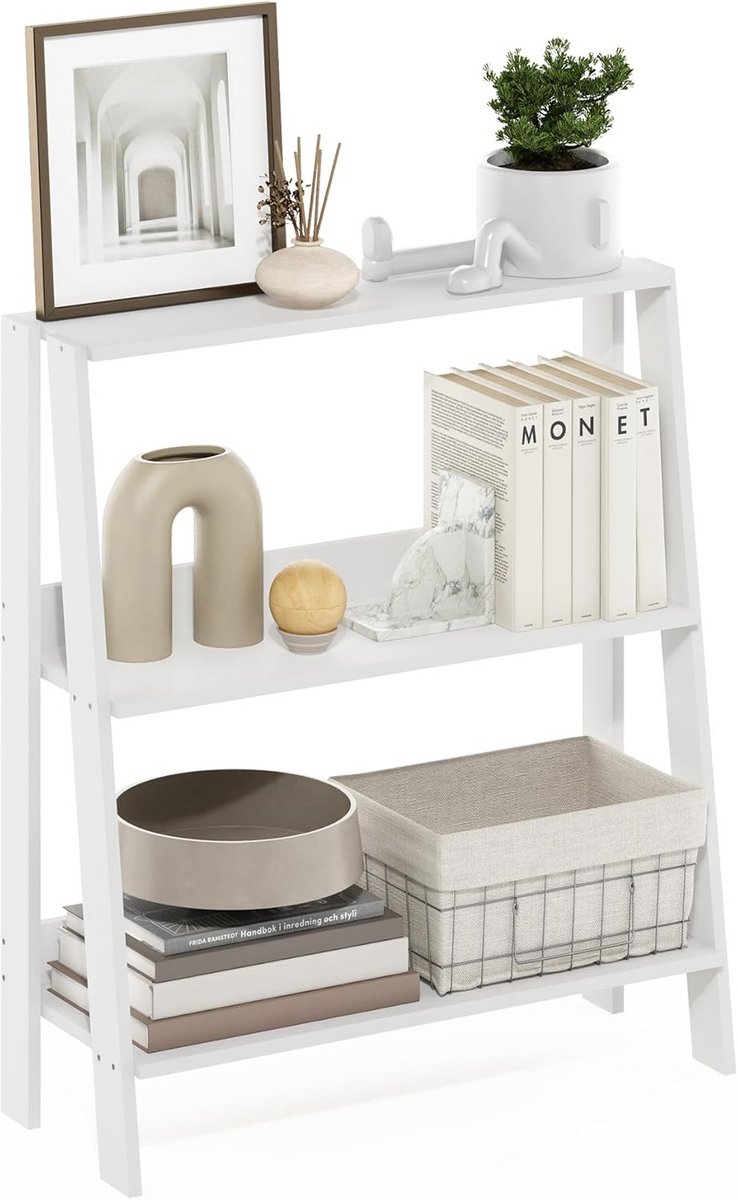 Boekenkast Ladder XL, Wandplank Set 3 Lagen Wit, Ruimtebesparend Display Rek