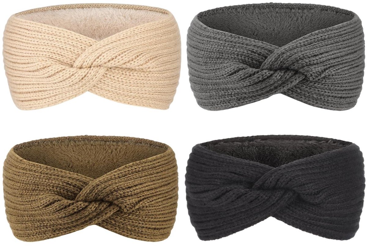 Gebreide hoofdband winter - Oorwarmers - Dikke fleecevoering - 4 stuks - Voor buitenactiviteiten - Grijs