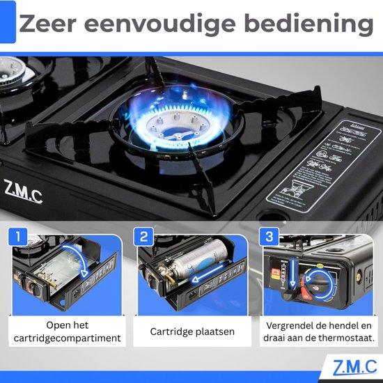 ZMC Campinggasfornuis 2-pits 2,5 kW incl. adapter voor LPG-aansluiting + opbergkoffer Campingfornuis met gaspatronen, met piëzo-ontsteking, voor gebruik binnen en buiten - Gasfornuis met 8 gaspatronen van Z.M.C — afbeelding 4