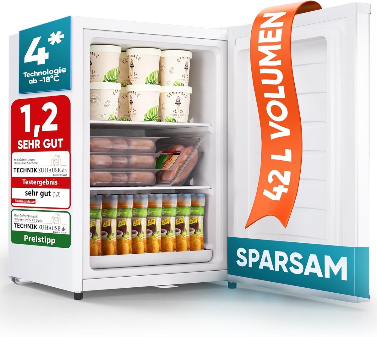 Stillstern Mini-vriezer klein & stil 42 l, mini-diepvrieskist -18 °C met ijsblokjesbakje & slot, deurscharnier rechts/links, 4-sterren diepvrieskast kleine diepvriezers [energieklasse E]