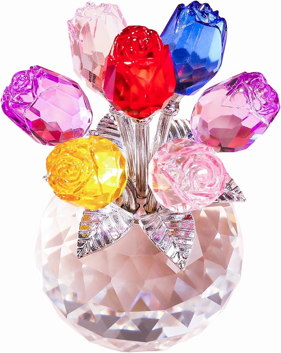 Handgemaakt Kristallen Roos in Ronde Vaas - Kleurrijk Glas Bloemenbeeldje als Romantisch Cadeau