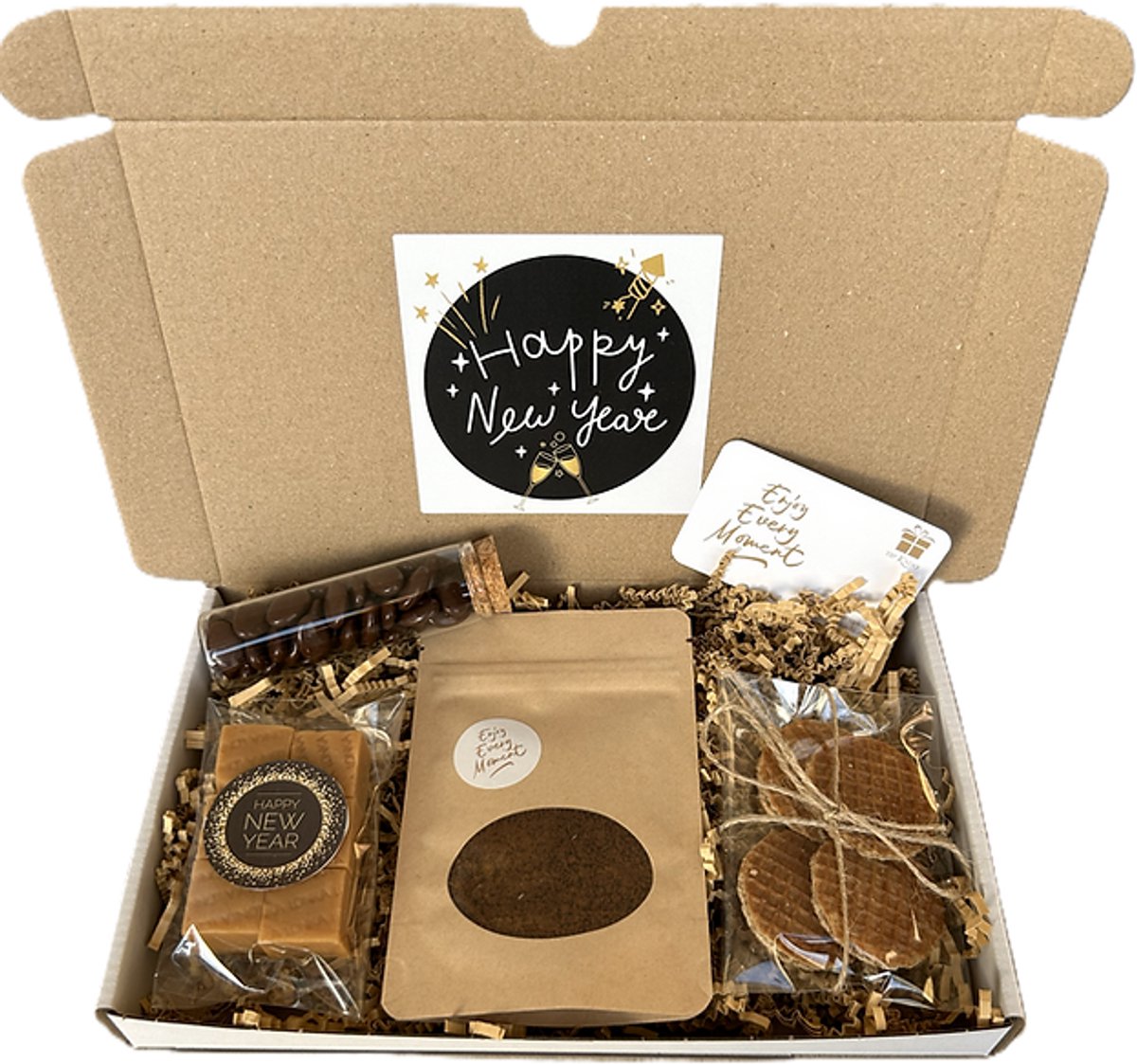 Nieuwjaar koffie brievenbus cadeau - happy new year - fudge - stroopwafels - mokkaboontjes