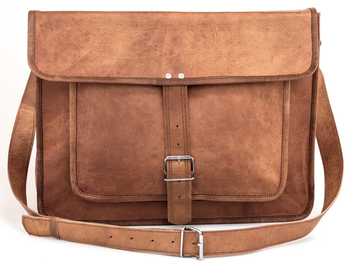 Laptoptas Schoudertas Echt Leer Cognac Bruin - Handgemaakte Messengertas ‘Lima’ 17 inch - 43x35x14 cm – Unisex - OnceDoce® Urban Chique – Model nr 557