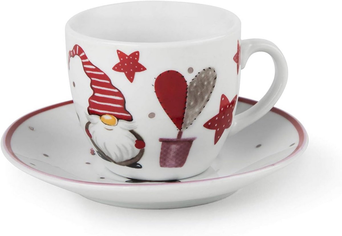 Gnomo Kerstset met 6 Espressokopjes en Schoteltjes, 90 cl, Porselein
