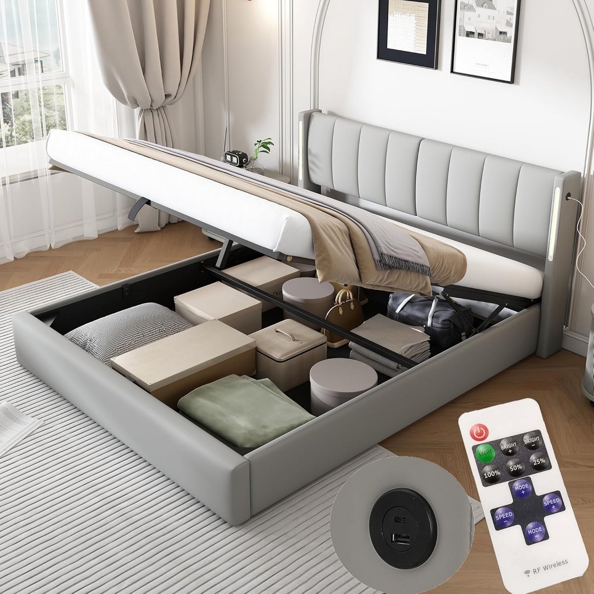 Boxspringbed 160x200 Grijs met USB, LED en Opbergruimte - Gestoffeerd Tweepersoonsbed