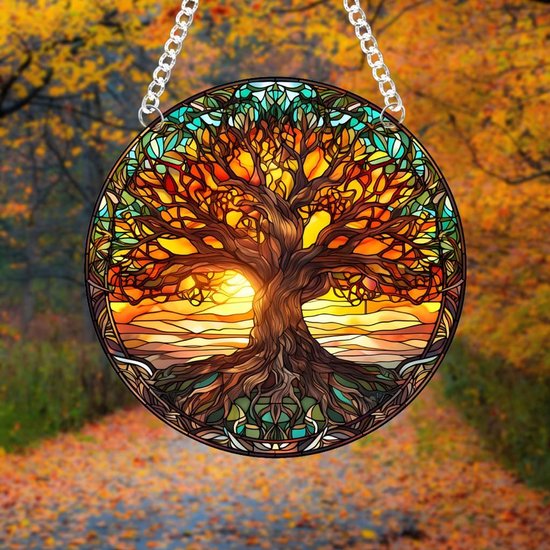 Suncatcher Rond en Style Vitrail pour Décoration de Fenêtre - Arbre de Vie et Coucher de Soleil