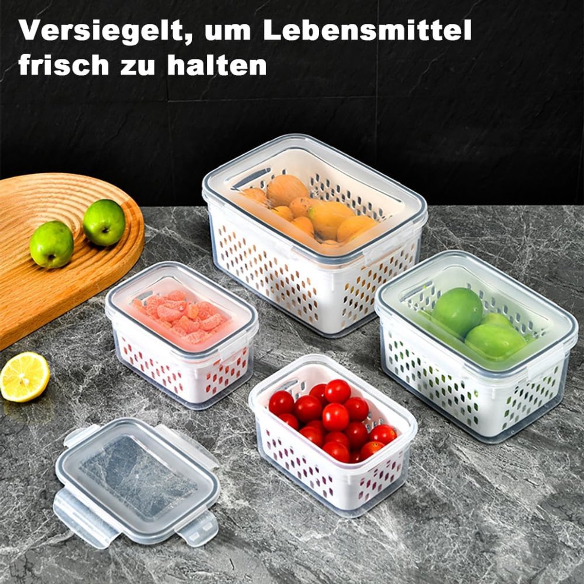 Candala Koelkastorganizer, vershouddozen set met deksel en scheidbare zeef, vershouddozen voor fruit, groenten, salade, bessen, eieren, aardappelopslag (3,15 l + 1,7 l + 0,8 l)