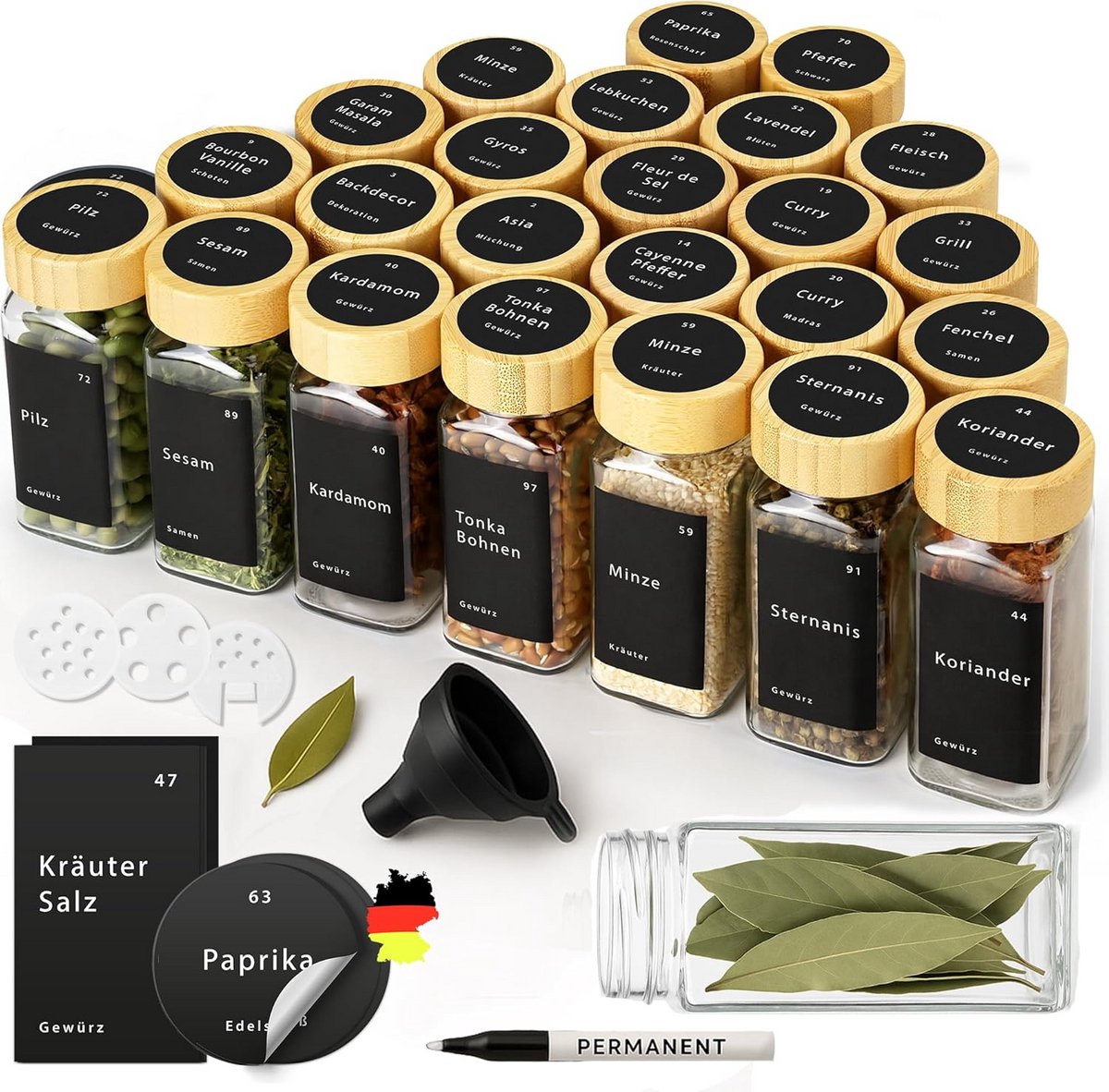 Set van 24 Kruidenpotjes met Bamboe Deksel en Etiketten
