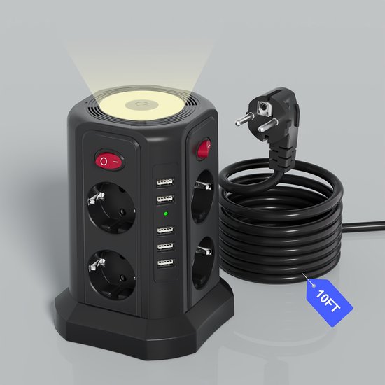 JSVER Stekkerdoos met USB, Meervoudige Stekkerdoos met 8 Voudige en 4 USB(3 USB A en 1 USB C), Verdeeldoos met Schakelaar, Wandmontage Overspanningsbeveiliging voor Thuis Kantoor(3680W 16A), 5M Zwart