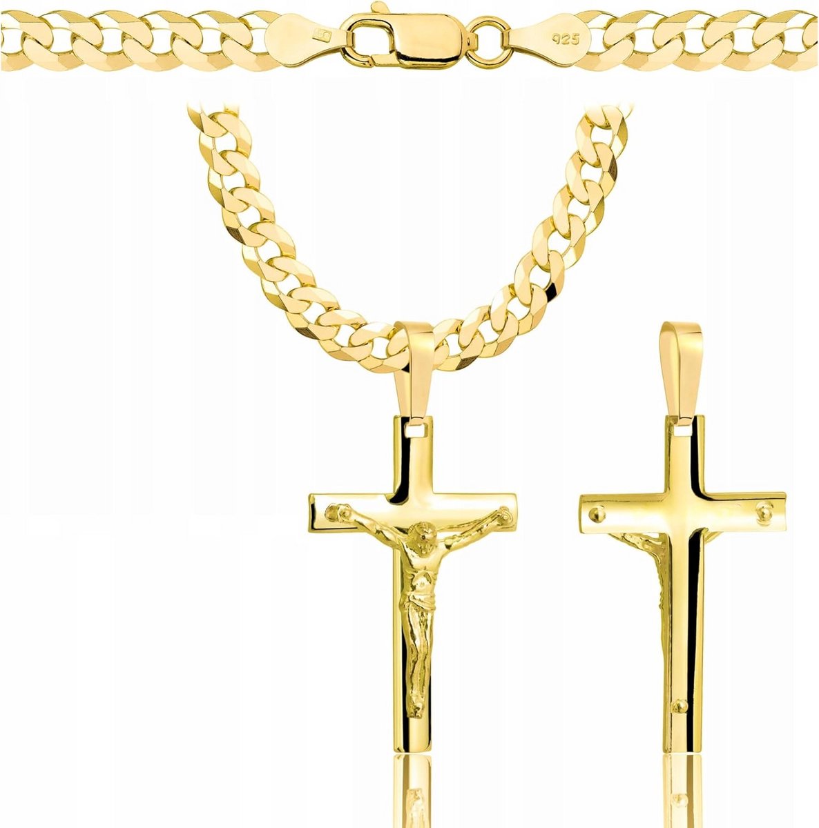 Herenketting met Kruis in 585 Goud - Massief Met Pantser Schakel