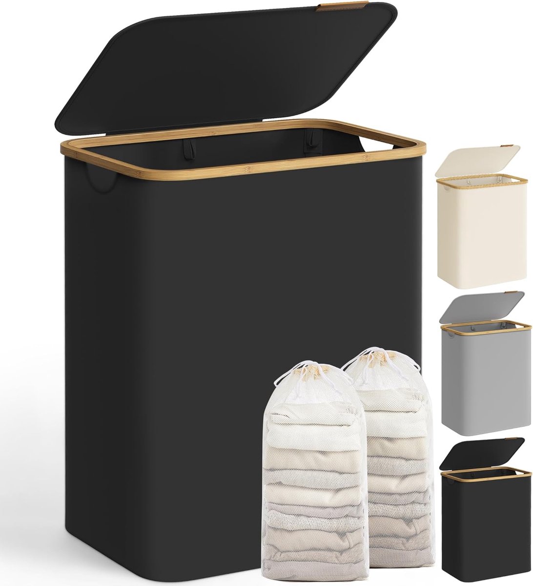 SONGMICS Wasmand met deksel - wasmand met 2 compartimenten - 130 liter - uitneembare waszak - Oxford-stof - bamboe handgrepen - opvouwbaar - 52 x 38,5 x 70,5 cm - inktzwart