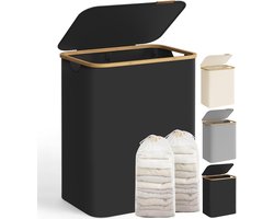 SONGMICS Wasmand met deksel - wasmand met 2 compartimenten - 130 liter - uitneembare waszak - Oxford-stof - bamboe handgrepen - opvouwbaar - 52 x 38,5 x 70,5 cm - inktzwart