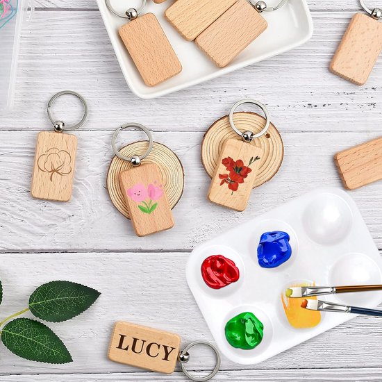 3 Stuks Rechthoekige Houten Sleutelhangers – Onbewerkt Beukenhout Om Te Graveren, Schilderen Of Versieren, Met Metalen Ring, 12,5x1x1 Cm