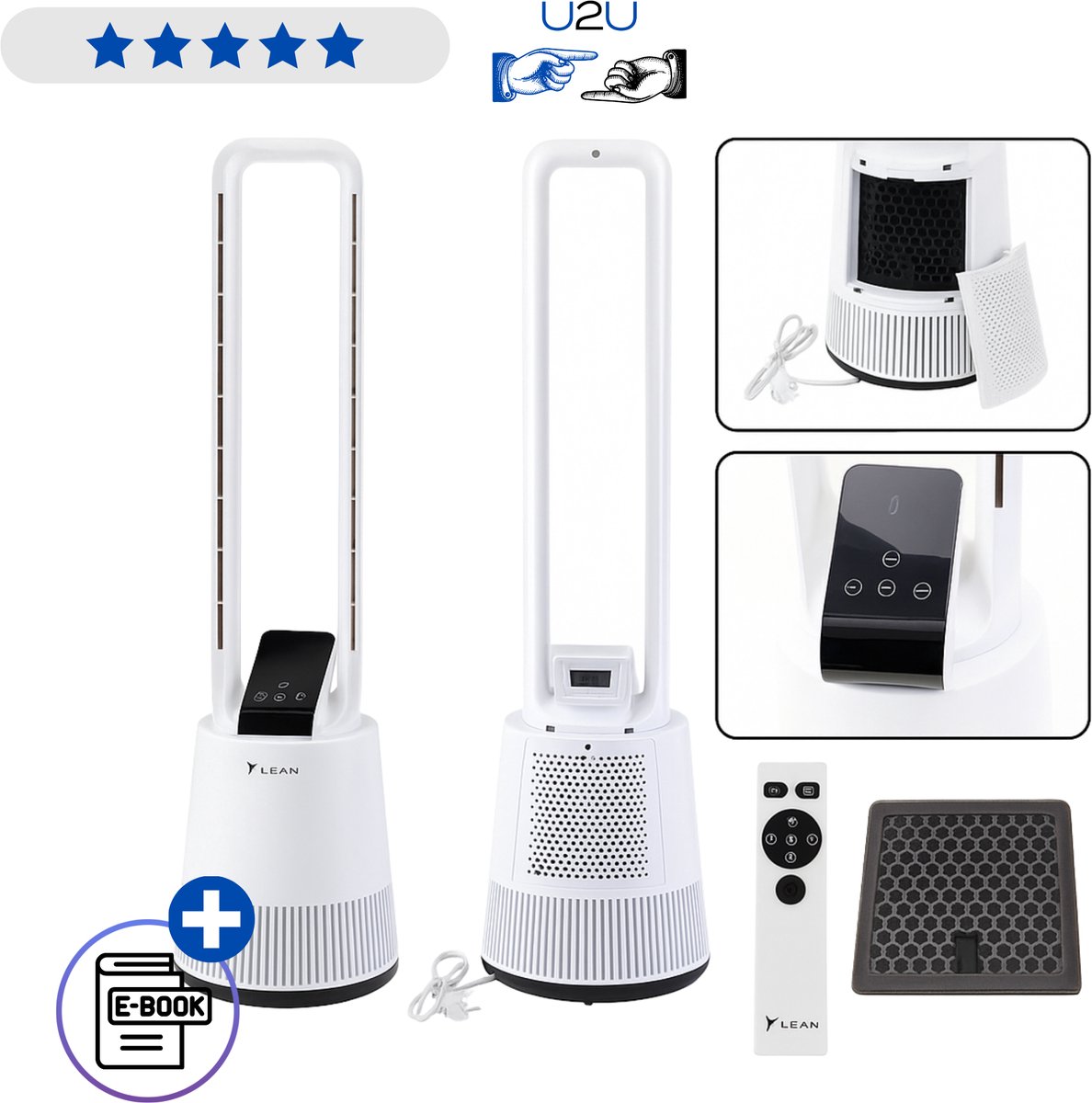 LEAN Bladeless Torenventilator met Afstandsbediening – Staande Ventilator Zonder Bladen met Oscillatie tot 80°, LCD Display met Thermometer, Timer tot 8 Uur, Fluisterstil, 3 Ventilatiestanden voor Woonkamer en Slaapkamer Met Ebook