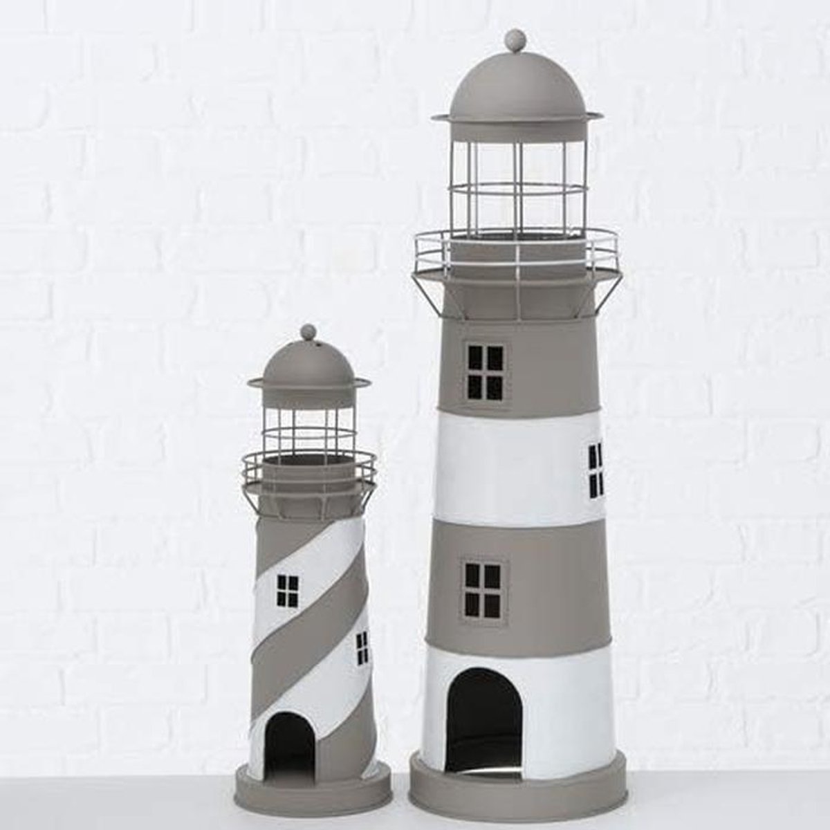 Decoratieve Vuurtoren Lantaarn Windlicht - Grijs Wit IJzer - 48 cm Hoog