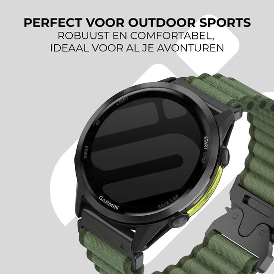 Zwarte Garmin Fenix smartwatch met groen nylon bandje. Tekst "PERFECT VOOR OUTDOOR SPORTS".