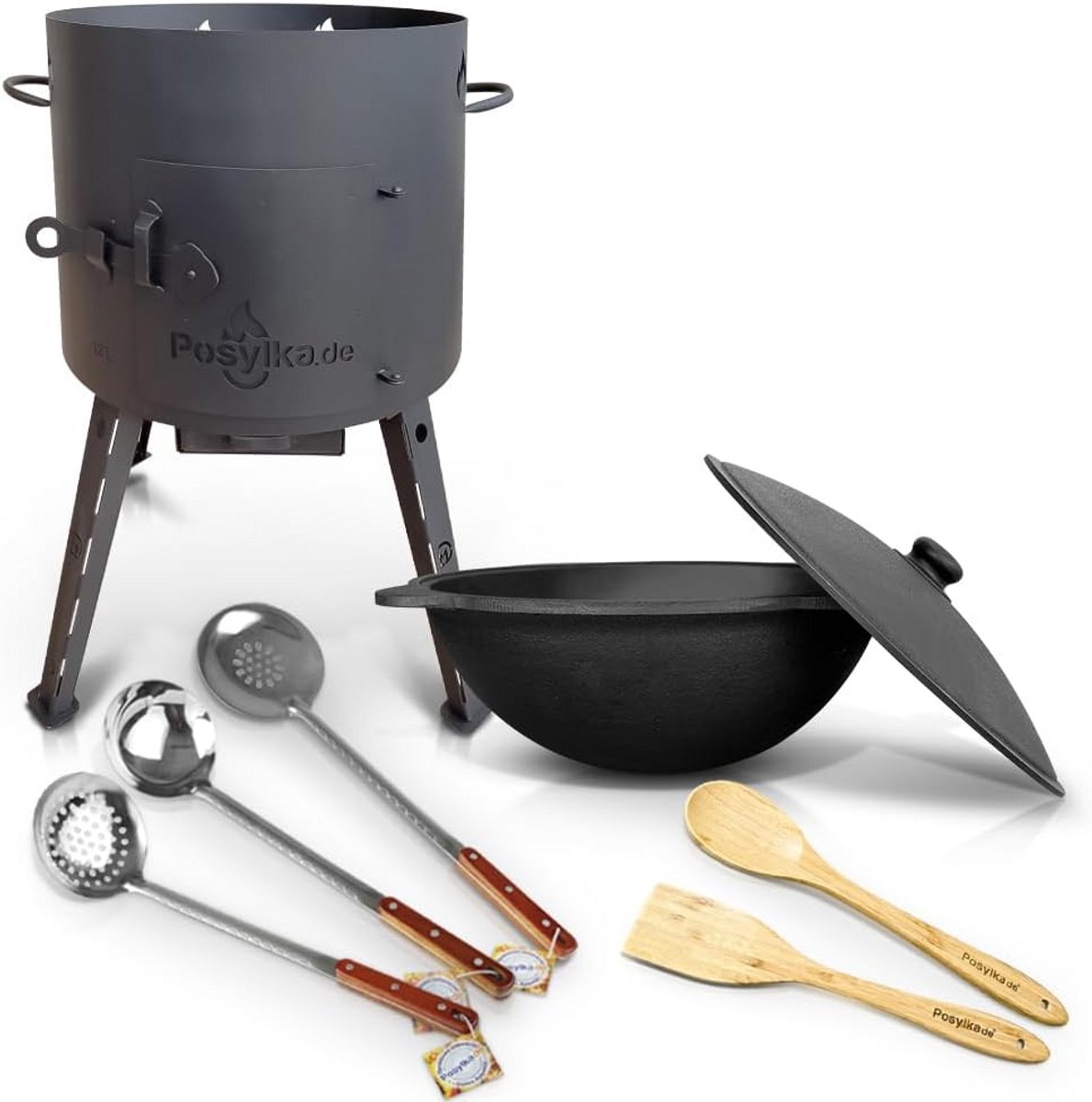 Houtskooloven Kazan met Gietijzeren Pan (12L) - Vuurkorf voor Buiten Koken en Camping