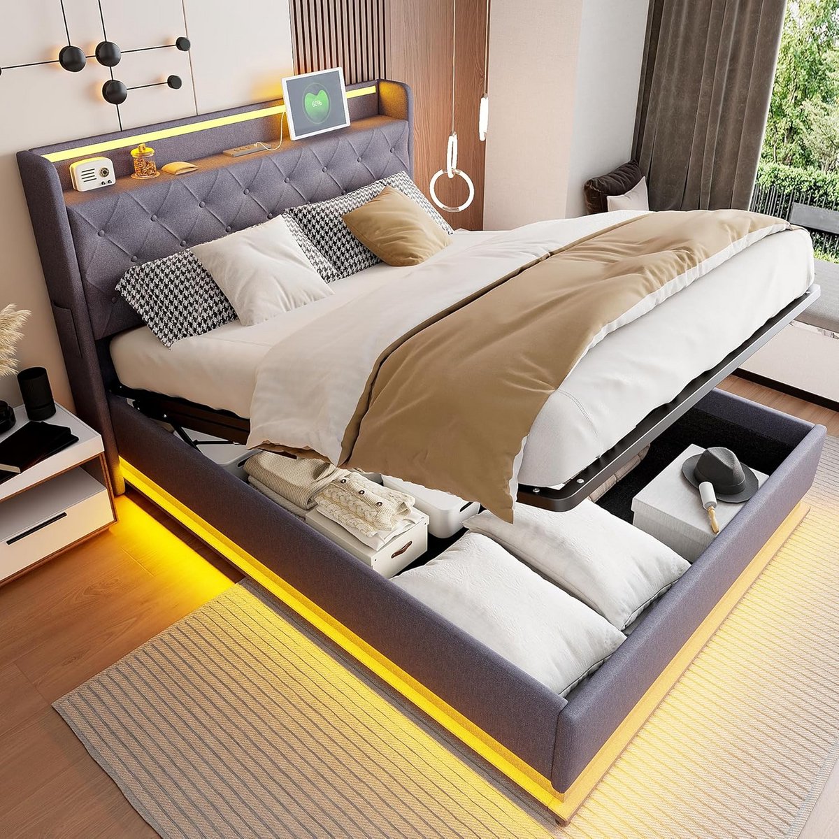 Tweepersoons Gestoffeerd Bed 140x200 cm met Opbergruimte, LED-verlichting en USB-poort