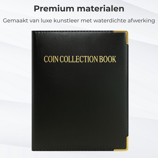 Zwart "Coin Collection Book" album van kunstleer met gouden details.