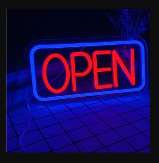 Rood 'OPEN' neonbord met blauwe rand.