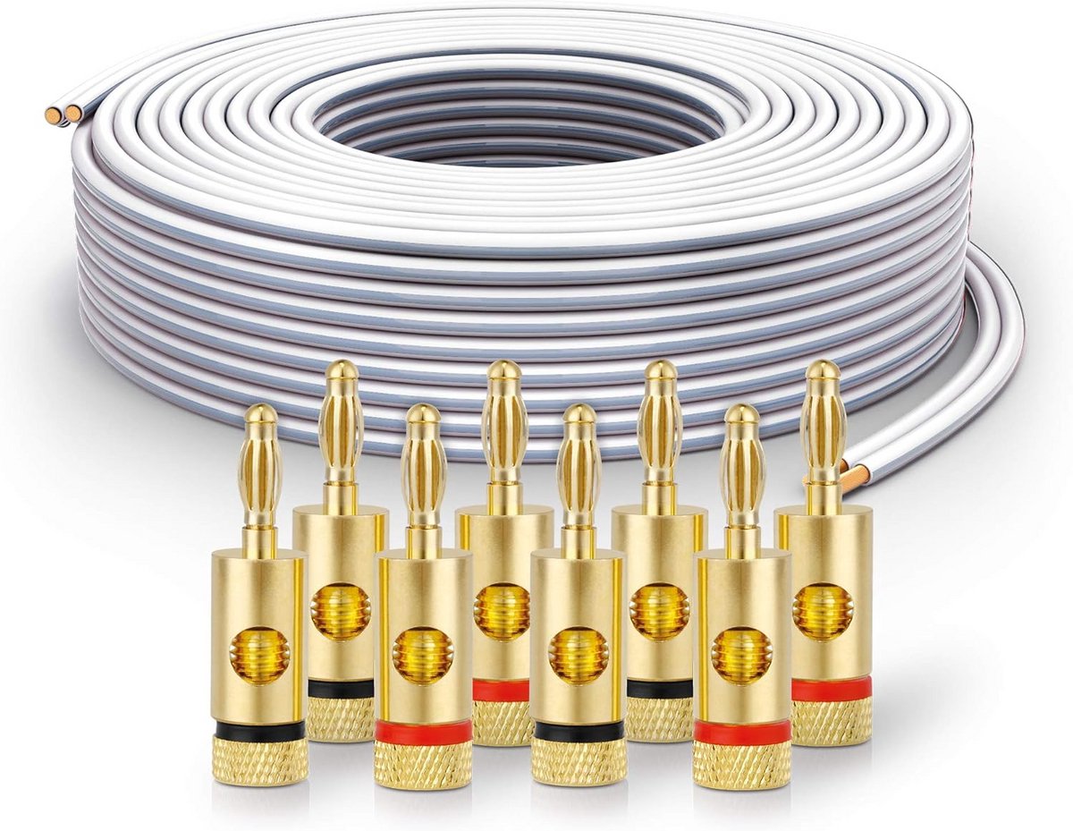 Kwaliteit Luidsprekerkabel 2x2.50mm² 30 Meter Wit Inclusief 8 Banaanstekkers