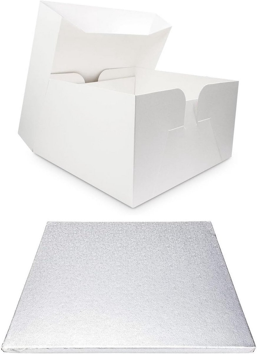 Witte Taartdoos en Zilveren Ronde Taartplank - Set voor Bruiloft & Feest (12 inch)