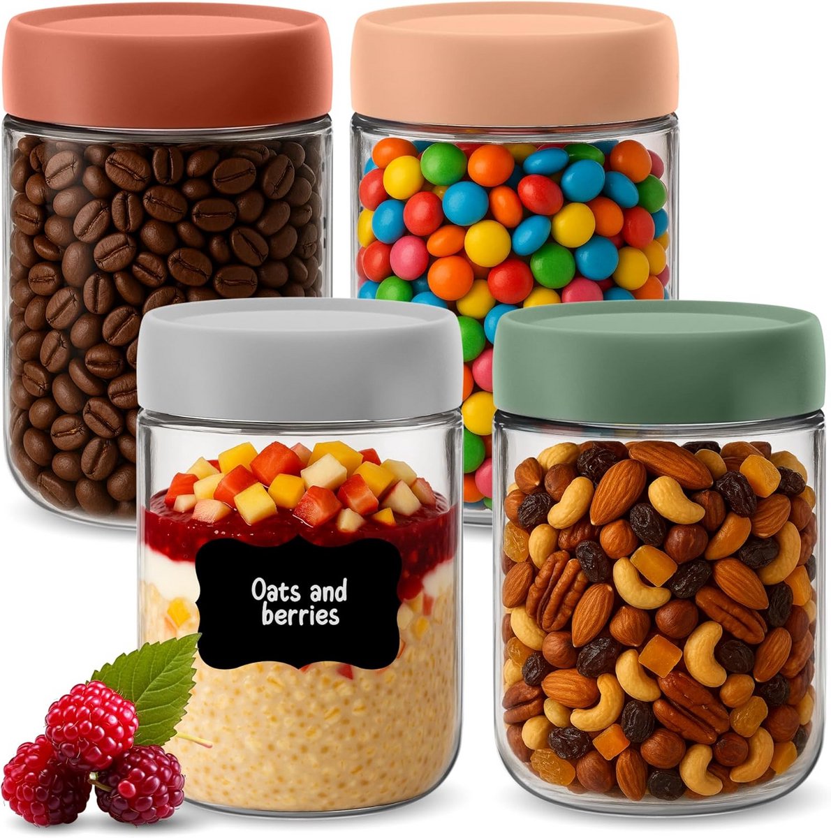 Set van 4 Glazen Potten met Deksel 500ml voor Overnight Oats en Maaltijdbereiding