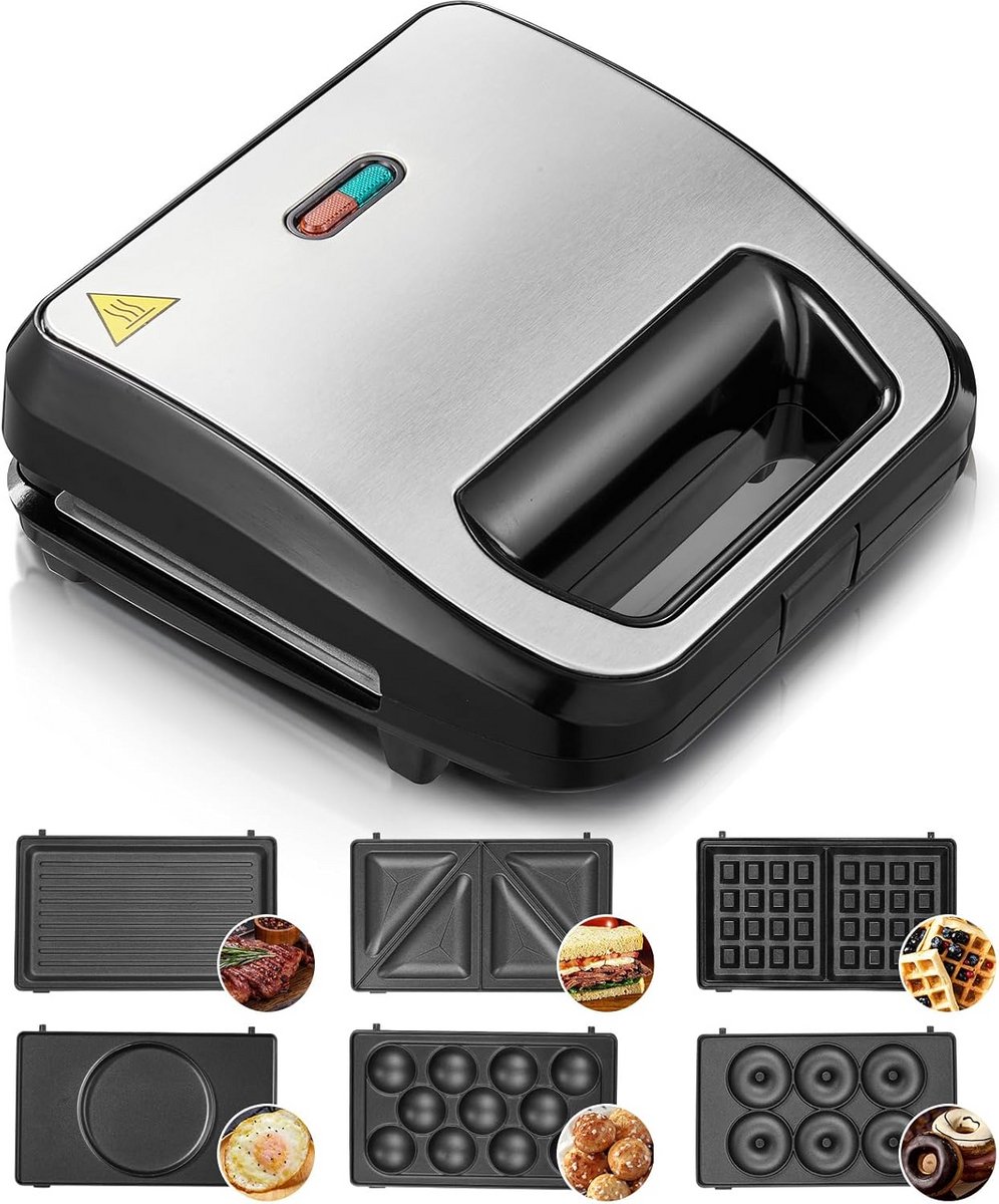 6-in-1 Sandwichmaker, Wafelijzer, Contactgrill en Panini-maker met Antiaanbaklaag – 750W